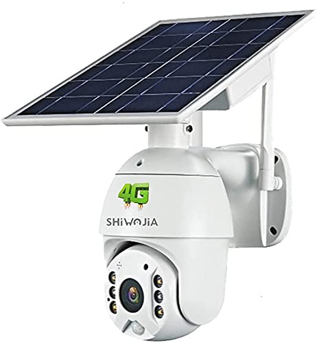 SHIWOJIA 1080P HD PTZ Caméra de surveillance 4G LTE sans fil, caméra de sécurité extérieure, batterie rechargeable, énergie solaire, audio bidirectionnel, détection de mouvement, intempérie IP67