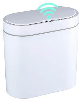 Elpheco, Pattumiera per bagno, 9,5 litri, impermeabile, con sensore di movimento, piccola, con coperchio, sottile, in plastica, stretta, pattumiera per camera da letto, bianco
