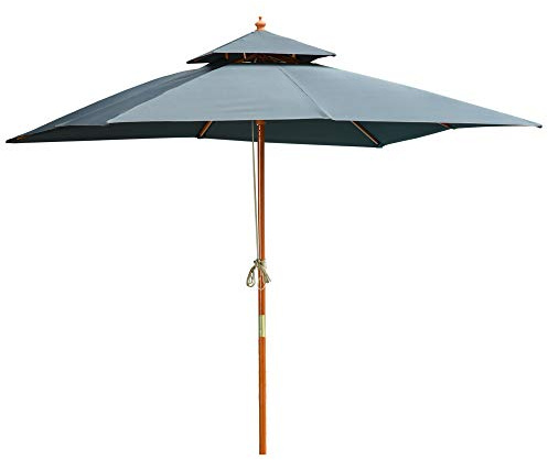 Outsunny 3 x 3 m Garden Parasol Umbrella, Large Square Outdoor Wooden Table Parasol with Double Tier, 48 mm Wooden Pole, 8 Ribs, Patio Sunshade for Balcony, Dark Grey