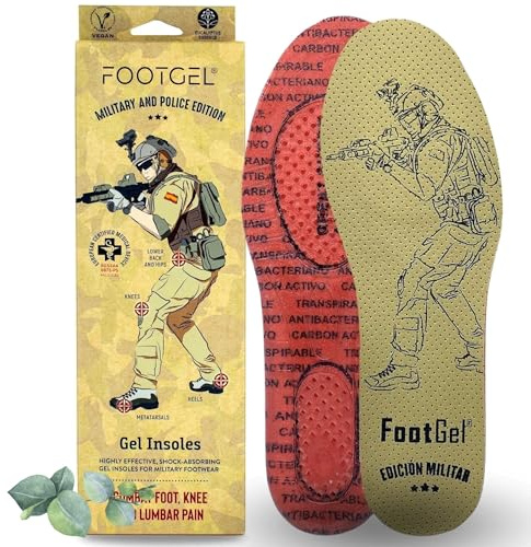Footgel - Plantillas Gel Edition Militar y Policial | Plantillas Gel Botas de Trabajo Transpirables, Cómodas | Estabilizadoras, Previene Dolores en Pies, Rodillas, Lumbares | Eucalipto, Tallas 39 a 42