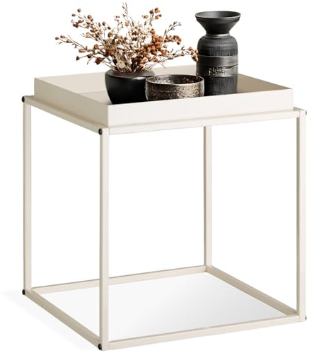 tectake® Metall Beistelltisch, Couchtisch, Nachttisch, Beistelltisch Couch quadratisch, stapelbar, Blumenständer, Zimmer Deko, Pflanzenständer, Deko Wohnzimmer Möbel, 40 x 40 x 44 cm - Creme