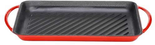 Lätt Home Bistecchiera Antiaderente in Ghisa Smaltata. Padella Grill Rossa Rettangolare 39,5x22x3,5 cm. Piastra per Piano Cottura Induzione Elettrico, Gas e Forno. Per grigliare Carne, Pesce e Verdure