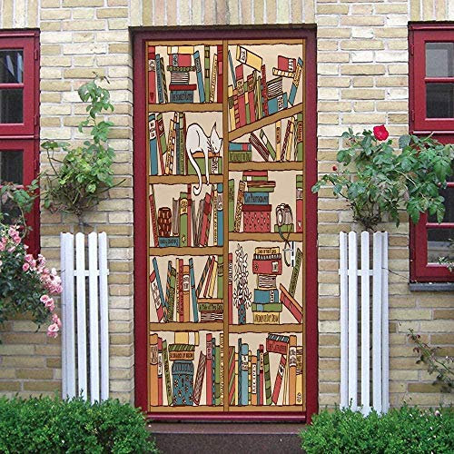 Türaufkleber Selbstklebende Türtapete Türposter Bücherregal Buch Comic-Katze 3D 95X215Cm Fototapete Türfolie Poster Art Tapete Wasserdicht Abnehmbare Wandaufkleber Schlafzimmer Haus Bad Deko