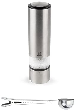 Peugeot Elis Sense U-Select 8 Inch Salt Mill Gift Set - With Stainless Steel Spice Scoop/Bag Clip