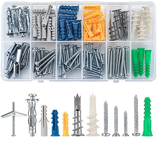 114 Assorted Plasterboard Screws and Wall Plugs Set, Cavity Wall Fixings Expansion Anchors Plugs, Wing Spring Toggle Bolts with Flat Head Self Tapping Screws for Plasterboard Hollow Wall Fixings