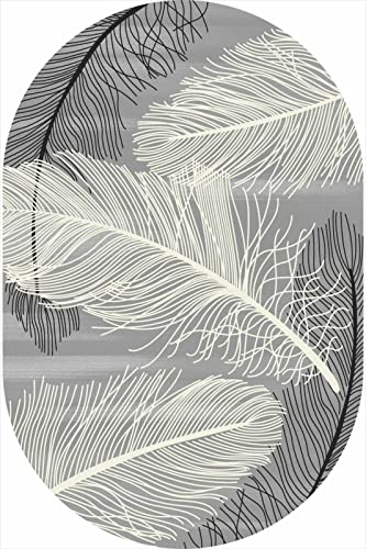 SRTJURFG Moderner ovaler Teppich Wohnzimmer große Teppiche Innenbereich rutschfeste Teppich Bodenmatte abstrakte weiße hellgraue Feder, 200 x 300 cm