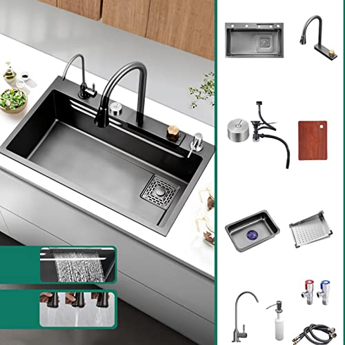 HGTRH Fregadero Cocina 1 Seno con Escurridor, Fregadero Acero INOX Negro, Nano Antibacteriano Inoxidable Fregadero Un Seno FáCil De Limpia, sobre Encimera, Bajo Encimera O Enrasado, con Cascada Grifo