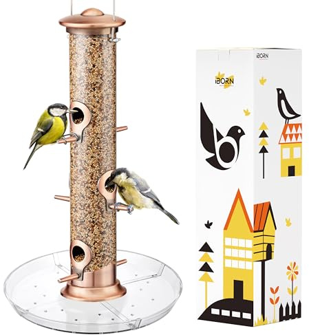 iBorn Bird Feeders Seed Catcher for Outside Hanging 6 Port Bird Feeder for Cardinal Birds Aluminium Metal,Brushed Copper Finishing 14 Inch 6 Port (Seed is not Included)
