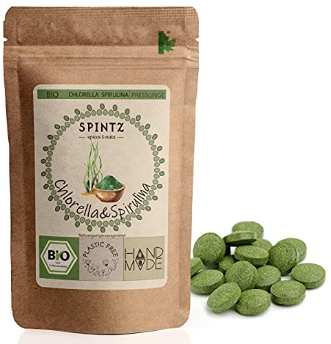SPINTZ® Bio Spirulina + Chlorella Presslinge 200 Stück | 100% kontrolliert biologischer Anbau | Vegane Chlorella Spirulina Tabletten 500mg/Tab | Plastikfrei verpackte Algen Tabletten