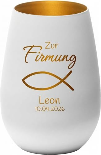 4you Design Windlicht Fisch mit Namen, Datum graviert (Metall-Weiß-Gold) Geschenk zur Firmung, Teelichthalter für Patenkinder, Personalisierte Geschenkidee