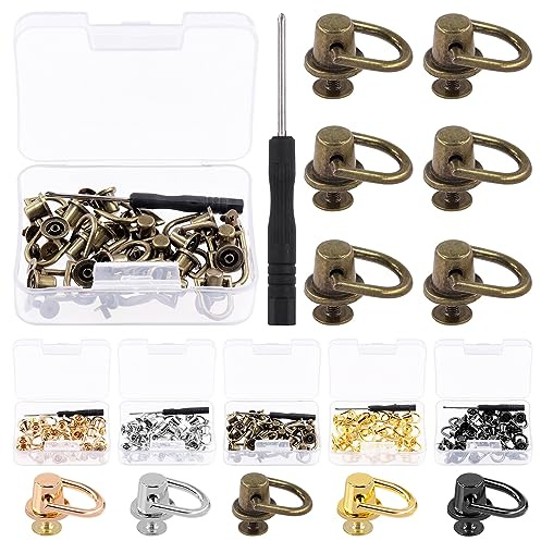 Glarks 41Pcs D Ring Nieten Kit Bronze Ball Post Kopf Knöpfe Metall D Ring Nieten Drehbare runde Nieten mit Schraubendreher für Taschen, Gürtel, DIY Leder Handwerk