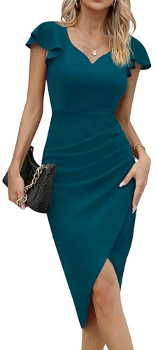 Missufe Cocktailklänning för damer, omlottklänning, festklänning, midiklänning, sommarklänning, elegant, bodycon, vintage, volangklänning, klänningar, Påfågelsblå, M