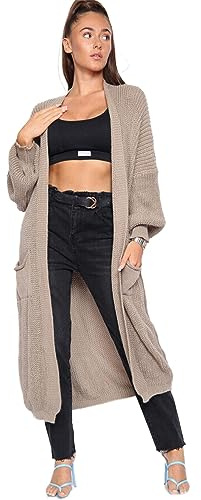 WJL WHISPERING JONES LONDON Ladies Oversized Long Cardigan Balloon Sleeve Chunky Ribbed Open Knitted Maxi Pocket Jumper Sweater, Beige, One Size Fits (8-16)