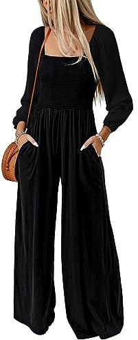Dokotoo Loose Jumpsuits for Women Overalls Oversized Solid Color Wide Leg One Piece Long Sleeve jumpsuit Long Pant Romper with Pockets 2026 Fashion Black Large