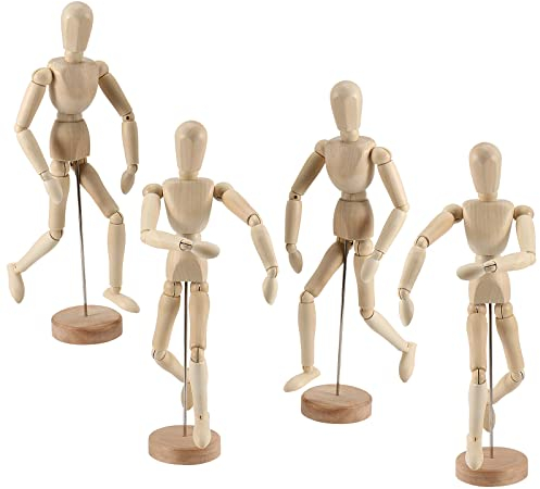 JOIKIT 4 Stück 21,6 cm Holz Künstler Modell, Holz Kunst Mannequin Artikulierte Schaufensterpuppe mit Ständer und beweglichem Körper, bewegliche Holzpuppe zum Zeichnen der menschlichen Figur