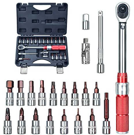 Zoomtools Set di chiavi dinamometriche da 1/4 21 pezzi, regolabili in doppia direzione con barra di estensione, bussole esagonali Torx Phillips, set di riparazione biciclette 2-24NM