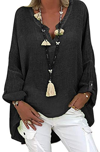 Blusa de lino para mujer, muselina, blusa de verano, túnicas para mujer, blusa larga, túnica grande, túnica, cuello en V, tallas grandes, camisa de lino, camiseta de lino, A negro., 3XL