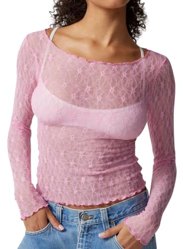 Minetom Femme Dentelle Sheer Mesh T-Shirt à Manches Longues Moulante Transparente Blouse Soirée Club Chemise Hauts Tops A Rose XL