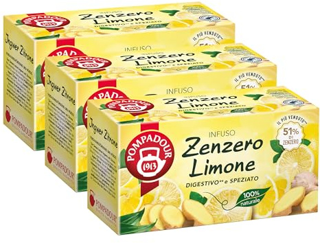 Pompadour, Infuso Zenzero e Limone, 60 Filtri (3 Confezioni da 20 Filtri), Aromatico e Speziato, 100% Naturale, Senza Lattosio, Glutine e Allergeni, Vegan
