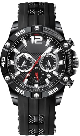 RORIOS Relojes Moda de Pulsera para Hombres Reloj Silicona Deportivos Reloj Analógico Cuarzo Reloj Multifuncional Cronógrafo Reloj Luminoso Calendario Negro A