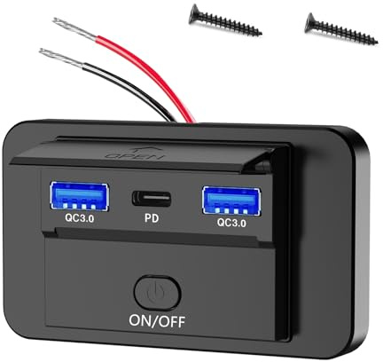 Katslyn 12v USB Socket 66W 3-Port Car Charger with Switch Dual Quick Charge 3.0 & PD Type-C for RV, Boat, Car, Truck