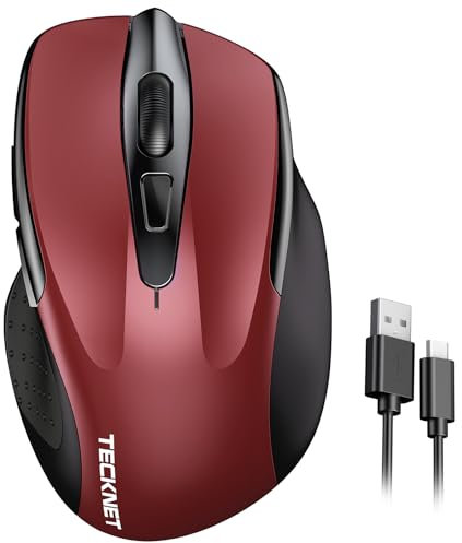TECKNET Rechargeable wireless mouse, Wireless Computer Mouse, Adjustable 4800DPI Mouse, Silent Ergonomic Wireless Mouse for Laptop PC Computer, Windows Mac OS,6 Buttons (Red)