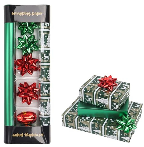 HBell Weihnachts-Geschenkpapier-Rolle, 43 cm x 5 m, grünes Kraftpapier, mit Bändern und Schleifen, geeignet für Weihnachten, Geburtstag, Party, Festival, Dekorationen, 2 Rollen