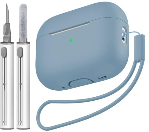 Tandoler Kompatibel mit Airpods Pro 2 Hülle, weiche Silikon-Schutzhülle mit Reinigungsset und Umhängeband, kompatibel mit AirPod Pro 2. Generation, Front-LED sichtbar, Azurblau