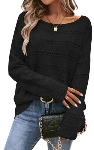 CFLHN Suéter de Mujer Suave Cuello Barco Manga Larga Suéteres Oversized de Ganchillo Pullover Tops de Punto, Negro, XL