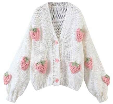 Kielsjajd Damen Leichte Strickjacke Langarm Strickpullover Grob gestrickter Cardigan-Pullover mit V-Ausschnitt und Erdbeer-Ärmeln für Damen Casual Kurz Strickjacke Cardigan Sweater