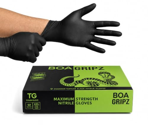 TG TOUGH GLOVE BOA Gripz Black Nitrile Gloves XXL, Diamond Grip, 50 Pack | disposable gloves, powder free, latex free, midweight, mechanic, industrial, textured, strong