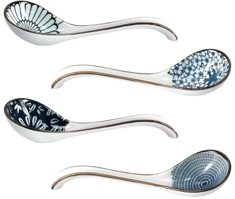 Chinesische Suppenlöffel, Keramik-Suppenlöffel, langhändiger Löffel, Geschirr, Suppenlöffel-Sets für Ramen, Knödel, Reis, Dessert, 4 Stück