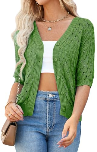 GRACE KARIN Lätt virkad cardigan för kvinnor, v-ringad kortärmad sommarkoftor för kvinnor Storbritannien, damer stickad beskurna bolerokoftor grön S