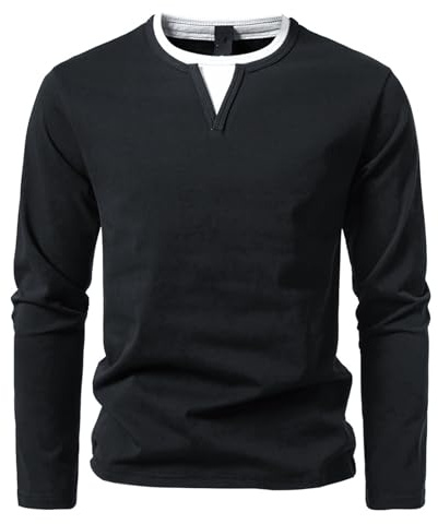 HOTIAN Långärmad tröja för män med V-ringning, baströja, Henley-skjorta, toppar, fritid, sweatshirt, t-shirt för män, svart, L