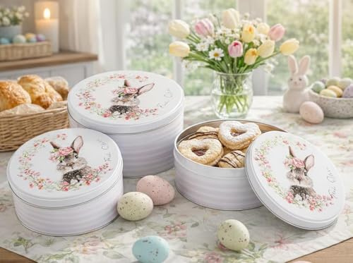 KAMACA 3er Set Keksdosen Häschen aus Metall – Hochwertige Gebäckdosen mit nostalgischem Hasen-Motiv & Blumenkranz – Stapelbare Vorratsdosen für Plätzchen, Ostereier & Gebäck - Frühling & Ostern