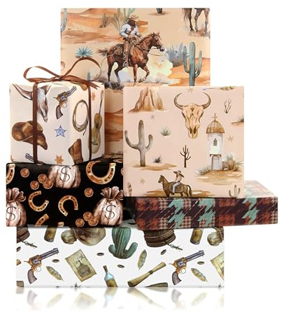 Western-Cowboy-Geschenkpapier, 6 Bögen 50 x 70 cm, Wilder Westen, Wüstenkaktus, 1 Rolle braunem Band