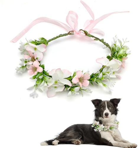 UOCAI Blumenkranz Kopfschmuck, Fliege für Hunde, Haarkranz Blumen, Haarreif Blumen für Kopfschmuck Hochzeit, Hund Hochzeit, Foto Requisiten (Rosa)