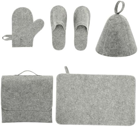 NIYANGLE Felt Sauna Hat and Gloves Set 5 Pieces Thickened Water Absorption Bathing Caps with Mat and Storage Bag for Household Sauna Use Gray