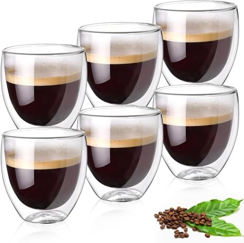 Tazas de Café de Cristal, Juego de 6 Vasos de Doble Pared Transparente, Tazas de Vidrio Borosilicato con 6 Cucharillas,Taza de Cristal para Cafe Leche Té Latte Macchiato y Más,Mantienen el Calor, 80ml