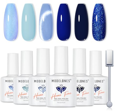 Modelones Gel Nail Polish Set 6 Colors, Navy Dark Blue Cat Eye Glitter Gel Polish Soak Off UV LED DIY Nail Art Manicure Salon Home for Women