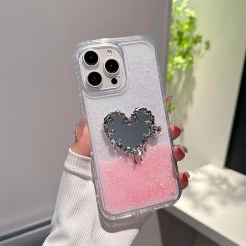 ORBANA Pink Liquid Quicksand Glitter Diamond Love Heart Make Up Mirror Transparent Cover(For iPhone 13 Pro/SFLS AX)
