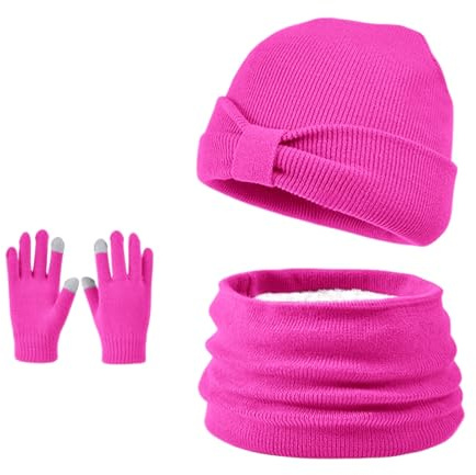 Ensemble Bonnet Echarpe Gants 3 en 1 Bonnet en Tricot Doublé de Laine Polaire à Nœud avec écharpe en Tricot Torsadé Gants à écran Tactile pour enfants âgés de 3 à 8 ans (Rose Rouge)