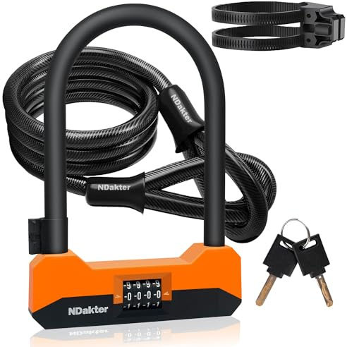 NDakter Bike Locks Heavy Duty Anti Theft, 18mm Bicycle Combo U Lock, 4-Digit Resettable Large Combination Lock with 5FT Steel Cable and Bracket, for Electric Scooter, Ebike, Motorcycle (Orange)