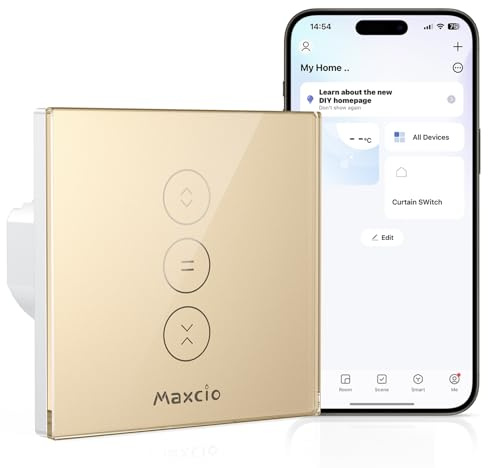 Maxcio Interrupteur Volet Roulant Connecté Compatible Avec Alexa Et Google Home, Interrupteur Connecté Volet Roulant Intelligent Avec Minuterie Et Commande Vocale, Interrupteur Tactile (1, Doré)