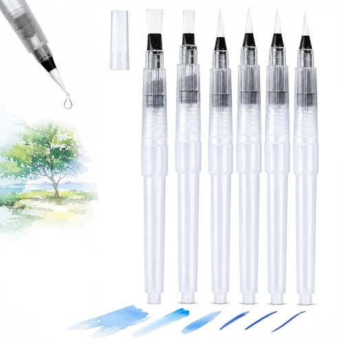 ROHMERIQUE 6 Pcs Refillable Watercolour Brush Pens Set – Multi-Tip Water Brush with Fine, Medium & Large Tips, Easy-Fill Water Reservoir for Watercolor Painting, Calligraphy, Sketching & Travel