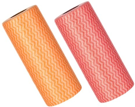 DOITOOL Paños de Cocina Desechables Ondulados 2 Rollos Tamaño Estándar Tela No Tejida Absorbentes Multifuncionales para Hogar y Limpieza Diaria en Cocina Colores Rojo y Naranja