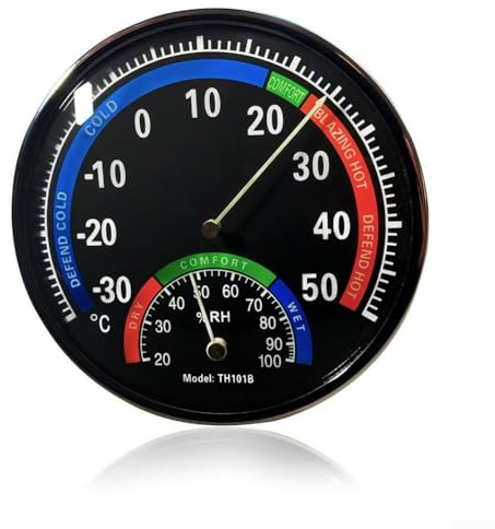 Analoges Thermometer Hygrometer für den Innenbereich mit Metallgehäuse zur Überprüfung von Temperatur und Luftfeuchtigkeit in Küche, Keller, Badezimmer, Schlafzimmer, Sauna, Terrarium (schwarz)