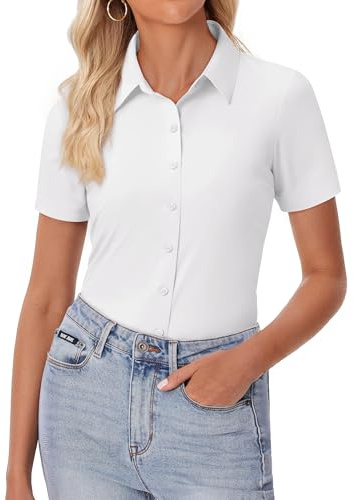 siliteelon Womens Button Down Shirt Slim Fit Stretch Short Sleeve Dress Shirts Wrinkle Free Solid Formal Work Blouses White S