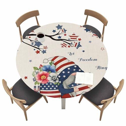 Round Fitted Tablecloth, Independence Day Dwarfs Circle Table Cover Waterproof Table Cloth with Elastic Edge, Opium Poppy on Retro Linen Outdoor Tablecloths for Kitchen Picnic Patio Indoor