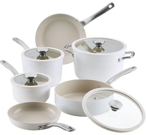 Circulon Halo Ceramic Nonstick Induction Suitable, Oven Safe, 10-Piece Set, Dishwasher Safe - Pearl White